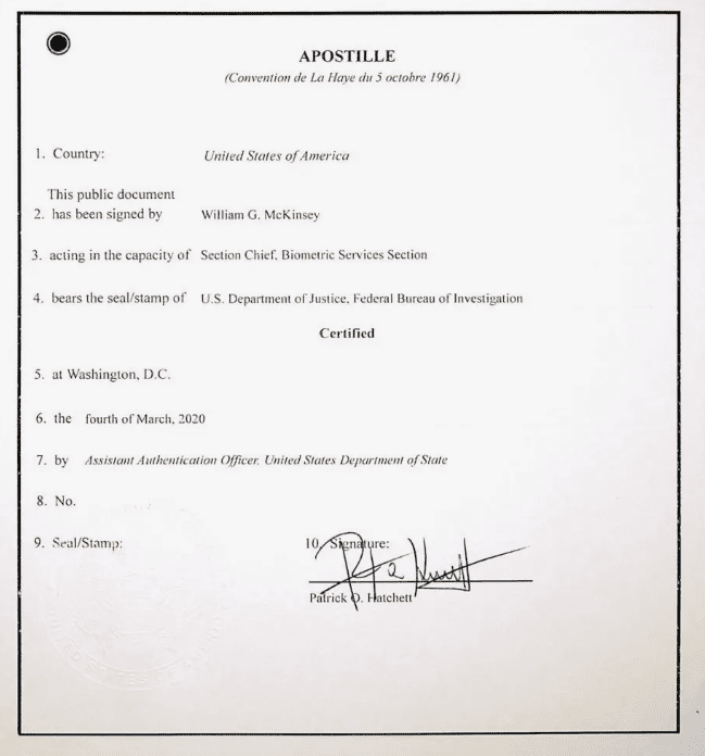 Apostille Certificate of Free Sale – Department of Treasury – Alcohol and Tobacco Tax and Trade Bureau