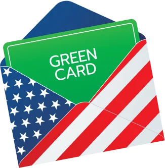 A green card in an envelope printed with the Stars and Stripes
